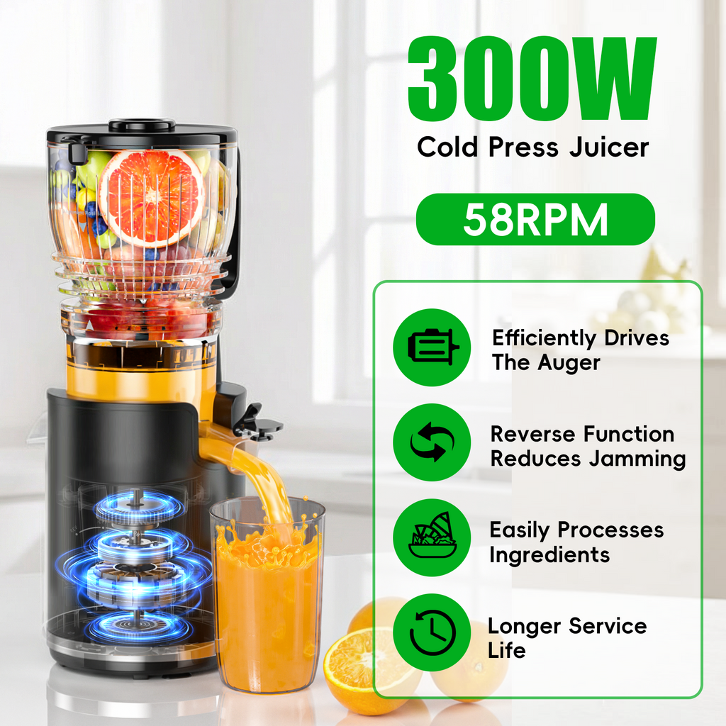 Juicer Machines, Cold Press Juicer with 5.8" Wide Feed Chute, 300W Slow Masticating Juicer for Whole Fruits & Vegetables, High Juice Yield, Easy to Clean, BPA Free Juice Extractor Machine